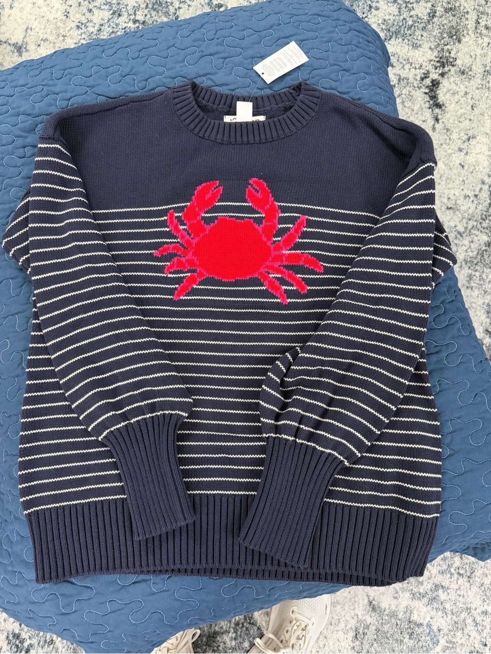 Lands' End Navy and White Striped Cotton Drifter Crewneck Sweater with Red Crab